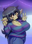 20pesos_sopa absurd_res big_breasts black_eyes black_hair breasts cleavage clothed clothing double_v_sign eyelashes female gesture glistening glistening_body goblin green_body green_skin hair hand_gesture hi_res huge_breasts humanoid humanoid_pointy_ears long_hair looking_at_viewer mary_(20pesos_sopa) not_furry pattern_clothing pattern_shirt pattern_topwear pointy_ears shirt short_stack solo striped_clothing striped_shirt striped_topwear stripes topwear v_sign wavy_mouth yellow_sclera