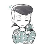  1boy 1other akatsuki19 brooch checkered_clothes checkered_shirt chibi closed_eyes commentary_request heart_ornament jewelry jojo_no_kimyou_na_bouken jojolion kujo_josefumi male_focus monochrome multicolored_hair peace_symbol pompadour sheer_heart_attack shirt stand_(jojo) two-tone_hair undercut upper_body 