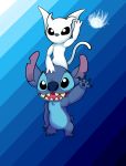  2018 2_horns 3_fingers 4_fingers alien ambiguous_gender blue_background blue_body blue_fur claws crossover disney duo experiment_(lilo_and_stitch) fingers fur gesture guardian_spirit horn lilo_and_stitch luismen821 male_(lore) notched_ear open_mouth open_smile ori ori_(series) ori_and_the_blind_forest pawpads sharp_teeth simple_background smile stitch_(lilo_and_stitch) teeth toe_claws tongue waving white_body 