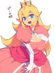  1girl :d blonde_hair blue_eyes breasts cleavage cleavage_cutout clothing_cutout crown dress earrings elbow_gloves eyebrows_visible_through_hair gloves hand_on_own_chest jewelry large_breasts long_hair looking_at_viewer mario_(series) metata open_mouth pink_dress princess_peach smile solo teeth upper_teeth white_gloves 