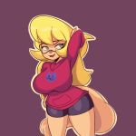  1:1 anthro big_breasts bottomwear breasts callie_briggs clothing domestic_cat eyewear felid feline felis female glasses hand_behind_head hanna-barbera hi_res hoodie iggy_bomb mammal shorts solo swat_kats topwear 