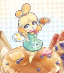  absurd_res animal_crossing anthro bacon barefoot bell black_nose blonde_hair blueberry_(fruit) blush blush_stickers bread butter canid canine canis checkered_background clothed clothing dairy_products dipstick_tail domestic_dog dress eyebrow_through_hair eyebrows female food fried_egg fruit fur grey_eyes hair handkerchief hi_res isabelle_(animal_crossing) jingle_bell kerchief looking_up mammal meat melangetic multicolored_tail name_tag nintendo on_one_leg open_mouth pancake pattern_background plant shih_tzu simple_background smile solo standing strawberry syrup tied_hair toast topknot toy_dog translucent translucent_hair video_games waffle waiter yellow_body yellow_fur 