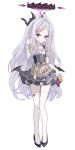  1girl absurdres alternate_costume apron black_halo black_shoes black_wings blue_archive blue_dress blush closed_mouth collarbone commentary_request detached_sleeves dirndl dress food fruit full_body german_clothes grapes hair_ornament hairclip halo hand_in_own_hair hand_up high_heels highres hina_(blue_archive) holding horns long_hair looking_at_viewer low_wings multiple_horns nyangpan purple_eyes shoes simple_background sleeveless sleeveless_dress smile solo standing thighhighs very_long_hair waist_apron white_background white_hair white_thighhighs wings 