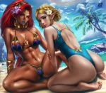  abs absurd_res big_butt bikini blonde_hair bodily_fluids breath_of_the_wild butt clothing dark_skin feet female gerudo hair hi_res humanoid humanoid_pointy_ears hylian logancure looking_at_viewer looking_back nintendo not_furry one-piece_swimsuit princess_zelda red_hair spread_legs spreading sweat swimwear the_legend_of_zelda toes urbosa video_games 