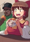  1boy 1girl bangs bare_shoulders black-framed_eyewear black_hair black_headwear blush bow breasts brown_hair collared_shirt commentary_request cookie_(touhou) dark_skin detached_sleeves eating eyebrows_visible_through_hair facial_hair fat fat_man food fuka_(kantoku) grand_theft_auto grand_theft_auto:_san_andreas green_shirt hair_bow hair_tubes hakurei_reimu hamburger hat highres holding holding_food large_breasts looking_at_another medium_hair melvin_harris nontraditional_miko open_mouth rectangular_eyewear red_bow red_eyes red_shirt reu_(cookie) shirt short_sleeves sidelocks sleeveless sleeveless_shirt teeth tongue touhou very_dark_skin wrapper yellow_collar 