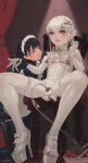  1boy 1girl animegao black_hair bodysuit breast_cutout catheter chastity_cage collar cosplay high_heels highres key kigurumi kneeling latex latex_bodysuit lock maid maid_headdress nipple_piercing nonkazumi on_chair original otoko_no_ko piercing ponytail sidelocks sitting small_chastity_cage thigh_strap white_hair 