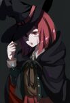  1girl black_background black_hat black_jacket brown_vest collared_jacket collared_shirt danganronpa_(series) danganronpa_v3:_killing_harmony hair_ornament hat hat_belt highres jacket jewelry long_sleeves necklace open_mouth pleated_skirt red_eyes red_hair red_skirt rei_emugiri scarf school_uniform shell shell_necklace shirt short_hair simple_background skirt two-tone_scarf vest witch_hat yumeno_himiko 