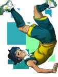  1boy black_hair black_socks brown_eyes goggles goggles_on_head grin hamano_kaiji inazuma_eleven_(series) inazuma_eleven_go kajant_bb looking_at_viewer male_focus midriff_peek shirt short_hair short_sleeves shorts sleeves_rolled_up smile soccer_uniform socks solo sportswear tan upside-down white_socks yellow_shirt 