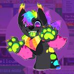 1:1 2017 4_fingers anthro artist_collaboration black_body black_eyebrows black_fur black_nose black_skin canid canine canis chotpot claws colored computer_virus_(species) digital_drawing_(artwork) digital_media_(artwork) domestic_dog english_description english_text eyebrows eyelashes fangs finger_claws fingers fur glowing glowing_pawpads glowing_tongue green_pawpads green_tongue hair half-length_portrait heart_pupils kerchief looking_at_viewer male mammal markings multicolored_hair multicolored_kerchief multicolored_neckerchief multicolored_spots neckerchief neckwear open_mouth open_smile outline pawpads pink_body pink_fur portrait purple_eyes rainbow_hair rainbow_kerchief rainbow_neckerchief short_hair smile smiling_at_viewer solo spots spotted_body spotted_skin teeth terrorbyte_(chotpot) text tongue unicubs white_outline yellow_claws