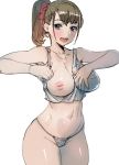  1girl :d bare_arms bare_shoulders blue_eyes blush bow bow_(bhp) breasts brown_hair cowboy_shot grey_panties grey_tank_top hair_bow hands_up inverted_nipples large_breasts looking_at_viewer navel nipples one_breast_out open_mouth original panties ponytail red_bow round_teeth smile solo standing tank_top teeth underwear upper_teeth 