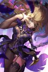  1girl black_nails blonde_hair bow bow_(weapon) brown_legwear chromatic_aberration closed_mouth eyepatch feathers fingernails fischl_(genshin_impact) frills garter_straps genshin_impact gloves green_eyes holding holding_bow_(weapon) holding_weapon james_ghio long_hair purple_bow purple_feathers signature single_glove solo thighhighs twintails weapon 