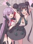  2girls bangs bare_shoulders bb_(fate)_(all) bb_(fate/extra_ccc) black_coat black_dress blue_eyes blush breasts china_dress chinese_clothes coat double_bun dress fate/grand_order fate_(series) gloves hair_ornament hair_ribbon high-waist_skirt kopaka_(karda_nui) large_breasts leaf_hair_ornament leotard long_hair long_sleeves multiple_girls neck_ribbon open_clothes open_coat open_mouth popped_collar purple_eyes purple_hair red_ribbon ribbon sidelocks skirt smile thighs tickling twintails very_long_hair white_gloves white_leotard yang_guifei_(fate/grand_order) 
