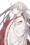  1girl grey_hair hands_up highres japanese_clothes kimono layered_kimono long_hair long_sleeves original purple_eyes red_kimono shiozaki_shino simple_background solo tearing_up white_background white_kimono wide_sleeves 