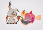  berry_(pokemon) burnt commentary_request film_grain gen_4_pokemon gen_7_pokemon highres holding looking_at_another mimikyu orange_eyes pokemon rotom rotom_(heat) saiku_(zvlku) smile white_background 