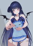  1girl absurdres babydoll black_nails blue_babydoll blue_eyes blue_hair blush breasts cleavage cosplay demon_wings eikawa_suru facial_mark frilled_babydoll garter_straps highres holding holding_pillow jabami_yumeko jabami_yumeko_(cosplay) large_breasts long_hair looking_at_viewer mini_wings mole mole_on_breast nail_polish pillow purple_babydoll rem_kanashibari single_garter_strap smile solo striped_babydoll v4mirai virtual_youtuber wings 