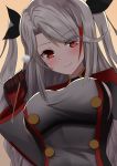  1girl azur_lane black_gloves blush breasts buttons colored_tips commentary_request from_below gloves grey_hair hair_ribbon large_breasts long_hair looking_at_viewer mikoto_paint mimikaki prinz_eugen_(azur_lane) red_eyes red_gloves ribbon sideboob smile solo twintails very_long_hair yellow_background 