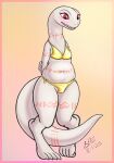 2025 4_toes albino anthro arm_tattoo belly belly_overhang belly_tattoo big_belly big_tail bikini bikini_bottom bikini_top blush border camel_toe claws clothing crusch_lulu cute_fangs digitigrade embarrassed eyelashes fangs feet female flat_chested front_view frown glistening glistening_bikini glistening_clothing glistening_swimwear gold_bikini gold_clothing gradient_background hands_behind_back hi_res knock-kneed leg_tattoo lizard lizardman lizardman_(overlord) long_neck long_tail looking_at_self looking_down monotone_body monotone_scales neck_tattoo open_frown open_mouth orange_tattoo overlord_(series) overweight overweight_anthro overweight_female pear-shaped_figure pigeon_toed pupils red_eyes reptile scales scalie shaded side-tie_bikini simple_background slit_pupils snout soft_shading solo spe string_bikini swimwear tail tail_between_legs tail_dimple tail_tattoo tapering_tail tattoo teeth thick_tail thick_thighs thigh_tattoo tight_clothing toe_claws toes tribal tribal_tattoo two-piece_swimsuit undersized_clothing white_body white_scales wide_hips