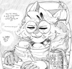  2020 alien alien_humanoid anthro beverage computer dialogue domestic_cat energy_drink english_text ethan64 eyewear fanfic_writer_(ethan64) felid feline felis female glasses greyscale hi_res humanoid macro male mammal micro monochrome size_difference td_(character) text 