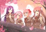  4girls :d absurdres bangs blue_eyes bow brown_hair cherry_blossoms commentary crossed_arms doki_doki_literature_club english_commentary gomi_(gomiko_art) green_eyes grey_jacket hair_between_eyes hair_bow hair_ornament hair_ribbon hairclip hand_on_own_chest hand_up highres jacket long_hair long_sleeves looking_at_viewer looking_away monika_(doki_doki_literature_club) multiple_girls natsuki_(doki_doki_literature_club) neck_ribbon one_eye_closed open_mouth petals pink_eyes pink_hair ponytail purple_eyes purple_hair red_bow red_neckwear red_ribbon ribbon sayori_(doki_doki_literature_club) school_uniform short_hair sidelocks smile swept_bangs tree two_side_up very_long_hair white_ribbon yuri_(doki_doki_literature_club) 