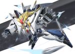  1girl absurdres armor assault_visor blonde_hair bodysuit commentary english_commentary exoskeleton funnels_(gundam) green_visor gundam gundam_hathaway&#039;s_flash highres kadej long_hair looking_at_viewer mecha_musume missile science_fiction solo v-fin weapon xi_gundam 