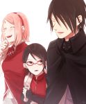  1boy 2girls black_eyes black_hair blush boruto:_naruto_next_generations closed_eyes family father_and_daughter glasses hairband haruno_sakura husband_and_wife mother_and_daughter multiple_girls naruto_(series) pink_hair red-framed_eyewear short_hair smile uchiha_sarada uchiha_sasuke white_background 