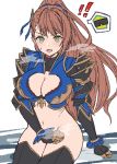  !! 1girl armor bangs beatrix_(granblue_fantasy) bottomless breasts brown_hair cleavage covering covering_crotch gloves granblue_fantasy green_eyes ll_0109 long_hair looking_at_viewer navel open_mouth ponytail sitting solo sweatdrop 