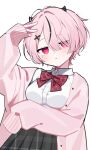  1girl black_skirt hand_in_own_hair horns jacket long_sleeves original pink_hair pink_jacket red_eyes red_ribbon ribbon school_uniform shirt short_hair simple_background skirt solo waka_(wk4444) white_background white_shirt 