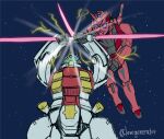  artist_name assault_visor commentary double_blade energy_sword fighting gelgoog_(gquuuuuux) glowing glowing_eyes green_visor gundam gundam_gquuuuuux hashtag-only_commentary holding holding_sword holding_weapon kin-san_(sasuraiga) mecha mecha_focus mobile_suit mobile_suit_gundam no_humans purple_eyes red_gundam robot scene_reference science_fiction space sword twitter_username v-fin weapon 