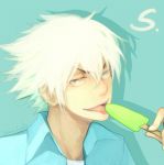  1boy aqua_background blue_eyes copyright_request face fingernails food hair_between_eyes holding holding_food licking lossehelin male_focus popsicle shadow signature simple_background solo spiked_hair tongue tongue_out upper_body white_hair 