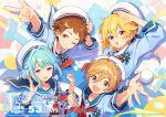  4_(nakajima4423) 4boys :d :o ahoge arm_up arms_up award_ribbon balloon blonde_hair blue_hair blue_sailor_collar blue_shirt blush box brown_eyes brown_hair buttons clenched_hand collarbone colorful_background copyright_name copyright_notice countdown dated double-breasted double-parted_bangs eighth_note ensemble_stars! fingernails floating_clothes foreshortening gift gift_box grin hair_between_eyes hair_intakes hand_on_headwear hand_up hands_up hat looking_at_viewer looking_to_the_side male_focus mashiro_tomoya medium_hair multiple_boys musical_note neckerchief nito_nazuna official_alternate_costume official_art one_eye_closed open_mouth outstretched_arm parted_bangs polka_dot pom_pom_(clothes) purple_eyes rabbits_(ensemble_stars!) raised_eyebrows red_brooch red_eyes red_neckerchief sailor_collar sailor_hat salute shino_hajime shirt short_hair sidelocks sideways_glance smile spread_fingers swept_bangs tenma_mitsuru three-quarter_sleeves turning_head v white_background white_hair white_sailor_collar 