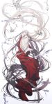  1girl absurdly_long_hair absurdres bug butterfly full_body grey_hair highres japanese_clothes kimono layered_kimono liquid long_hair long_sleeves original purple_eyes red_kimono shiozaki_shino simple_background solo splatter very_long_hair white_background white_kimono wide_sleeves 