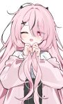  1girl black_skirt blush hand_in_own_hair heart heart-shaped_pupils horns jacket long_sleeves one_eye_closed original pink_hair pink_jacket red_eyes school_uniform shirt simple_background skirt solo symbol-shaped_pupils waka_(wk4444) white_background white_shirt 
