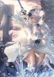  1girl 2b_(nier:automata) arm_up blue_eyes boots breasts cameltoe cleavage cleavage_cutout clothing_cutout cloud cloudy_sky commentary_request copyright_name dress feather_trim feathers flower gloves hair_ornament hairband highres holding juliet_sleeves lips long_sleeves maeshima_shigeki medium_breasts mole mole_under_mouth nier:automata nier_(series) outdoors panties parted_lips puffy_sleeves revision short_hair sky solo sword thigh_boots thighhighs turtleneck underwear weapon weapon_on_back white_dress white_hair white_thighhighs 