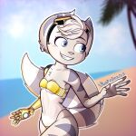 1:1 anthro bangs beach breasts clothing cybernetic_arm cybernetic_limb day detailed_background ear_piercing ear_ring eyebrow_through_hair eyebrows eyelashes eyewear eyewear_on_head female fur goggles goggles_on_head golden_week gris_swimsuit hair hi_res lombax mammal mechanical_arm meme meme_clothing one-piece_swimsuit outside piercing ratchet_and_clank ring_piercing rivet_(ratchet_and_clank) signature small_breasts solo sony_corporation sony_interactive_entertainment striped_body striped_fur stripes swimming_goggles swimwear tail translucent translucent_clothing translucent_hair translucent_swimwear viwhi_art white_body white_fur