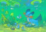  barboach closed_eyes closed_mouth english_commentary green_water highres ieafy kelp lotad mudkip no_humans open_mouth pokemon pokemon_(creature) poliwag shellder shellos shellos_(east) shelmet signature solid_circle_eyes swampert underwater water wooper 