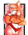akita anthro canid canine canis clothing conductor&#039;s_wife_(sonic) domestic_dog eyelashes female fur hair hi_res long_hair mammal mature_female navel orange_eyes pink_body pubes sega smile solo sonic_the_hedgehog_(series) spitz sweater the_murder_of_sonic_the_hedgehog thick_thighs topwear underwear voidsdroids white_body white_fur