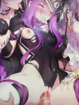  3girls areolae blood blush bodysuit breasts chain clitoris closed_eyes covered_navel cum cum_in_pussy euryale fang fate/grand_order fate_(series) fingernails fingers_to_chin gloves highres long_fingernails long_hair m-da_s-tarou medusa_(lancer)_(fate) multiple_girls nipples one_breast_out purple_hair saliva saliva_trail sex small_breasts stheno thighhighs thighs torn_bodysuit torn_clothes uncensored vaginal virgin 