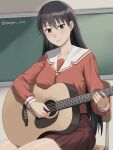 1girl absurdres artist_name azumanga_daioh azumanga_daioh&#039;s_school_uniform black_eyes black_hair chalkboard classroom guitar highres holding holding_guitar holding_instrument indoors instrument jacket long_hair looking_at_viewer music naoyuki_arts on_chair pink_jacket playing_instrument pleated_skirt red_skirt sailor_collar sakaki_(azumanga_daioh) school_uniform sitting skirt solo white_sailor_collar 