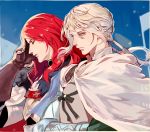  2boys bedivere brown_gloves cape closed_eyes closed_mouth fate/grand_order fate_(series) fur_trim gloves green_eyes long_hair multiple_boys red_hair silver_hair tristan_(fate/grand_order) yepnean 