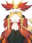  2020 3:4 anthro baburusushi blush bodily_fluids breasts canid canine delphox edit female flashing frown fur genitals hi_res inner_ear_fluff kemono looking_down mammal nintendo nipples orange_body orange_fur pok&eacute;mon pok&eacute;mon_(species) pussy red_body red_eyes red_fur simple_background solo sweat sweatdrop tuft video_games white_background white_body white_fur yellow_body yellow_fur 