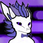 1:1 ambiguous_gender anthro black_background black_eyes bow_tie bow_tie_only colored digital_drawing_(artwork) digital_media_(artwork) dragon ear_tuft expressionless femboy fur furred_dragon furred_scalie hair hi_res horn male_(lore) mostly_nude mythological_creature mythological_scalie mythology nardoragon otherside portrait pupils purple_background purple_bow_tie purple_hair purple_horn purple_pupils scalie simple_background solo thick_outline tuft white_body white_fur