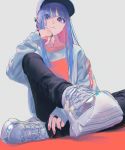  1girl absurdres bangs black_pants blue_hair bracelet ear_piercing grey_background hat highres huge_filesize iridescent jewelry long_hair long_sleeves looking_at_viewer orange_eyes original pants piercing pink_nails purple_hair ring ritao_kamo shadow shoes smile sneakers solo 