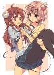  2girls ahoge blush brown_hair carrying chiyoda_momo curled_horns demon_girl demon_horns demon_tail eyebrows_visible_through_hair hair_ornament hairclip horns long_hair machikado_mazoku multiple_girls open_mouth pink_hair princess_carry school_uniform short_hair tail tom_q_(tomtoq) yoshida_yuuko_(machikado_mazoku) yuri 