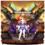  1girl animal_print backlighting blonde_hair blush brown_hat brown_shoes cape closed_mouth embellished_costume frog_print full_body game_cg grass gun hair_ribbon hat highres long_hair looking_at_viewer military_vehicle moriya_suwako moriya_suwako_(tataelost) motor_vehicle official_art outdoors purple_cape purple_skirt purple_vest red_ribbon ribbon rotte_(1109) shirt shoes shrine sidelocks skirt skirt_set smile solo tank thighhighs third-party_source touhou touhou_lostword transparent_background tress_ribbon turtleneck vest weapon white_shirt white_thighhighs wide_sleeves yellow_eyes 