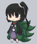  1other adagumo_no_yaorochi androgynous black_eyes black_hair black_kimono black_sandals blunt_bangs buttons chibi closed_mouth collared_socks commentary double-parted_bangs expressionless green_jacket green_scarf grey_background grey_hakama hair_ornament hair_scrunchie hakama hakama_skirt high_side_ponytail jacket japanese_clothes jinbaori kimono len'en light_blush light_frown long_hair long_sleeves looking_ahead multiple_tails other_focus pom_pom_(clothes) red_scarf sandals scarf scrunchie short_kimono simple_background skirt sleeves_past_fingers sleeves_past_wrists snake_tail socks solo symbol-only_commentary tail tsurime very_long_hair white_scrunchie white_socks wide_sleeves yuejiao_tuan 