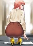  1girl ass blue_eyes blurry blurry_background brown_hair commentary doushimasho eyebrows_visible_through_hair high_heels highres long_hair looking_back office_lady original pantylines paper profile reaching solo squatting 