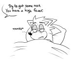 2025 anthro beastofeuthanasia bedding black_eyes black_nose blanket bodily_fluids dialogue digital_drawing_(artwork) digital_media_(artwork) english_description english_text eulipotyphlan grey_eyelids greyscale head_on_pillow hedgehog ill male mammal monochrome offscreen_character sega simple_background sketch solo sonic_the_hedgehog sonic_the_hedgehog_(series) sweat text tired_eyes under_blanket white_background white_blanket