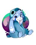 2018 3_toes 4_fingers anthro blue_body blue_eyes blue_fur blue_nose clothing cosplay disney eyebrows fingers fur hair head_tuft hi_res hoodie lagomorph lilo_and_stitch long_ears madshy male mammal markings multicolored_body multicolored_fur sitting smile stitch_(lilo_and_stitch) suit teeth toes topwear tuft white_body white_fur white_markings young 