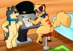  absurd_res anthro drawing_in_a_drawing drawing_table duo feral hi_res male meowth midnightmeowth nintendo pencil_(object) pikachu pok&eacute;mon pok&eacute;mon_(species) quilava scarf video_games 