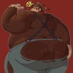 1:1 2025 ambiguous_anthro ambiguous_gender anthro ape back_rolls belly big_belly big_butt bottomwear brown_body brown_fur butt clothing digital_media_(artwork) donkey_kong_(character) donkey_kong_(series) fur gorilla hand_on_butt haplorhine hi_res huge_butt looking_at_viewer looking_back looking_back_at_viewer male_(lore) mammal nintendo obese obese_ambiguous obese_anthro overweight overweight_ambiguous overweight_anthro portrait presenting presenting_hindquarters primate rear_view red_background shirtless shirtless_ambiguous shirtless_anthro simple_background solo suspenders swirlzeez three-quarter_portrait torn_bottomwear torn_clothing